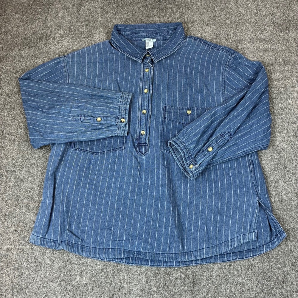 Forever 21 Blue Pinstripe Denim Popover Shirt Womens Large Long Sleeve Button Up
